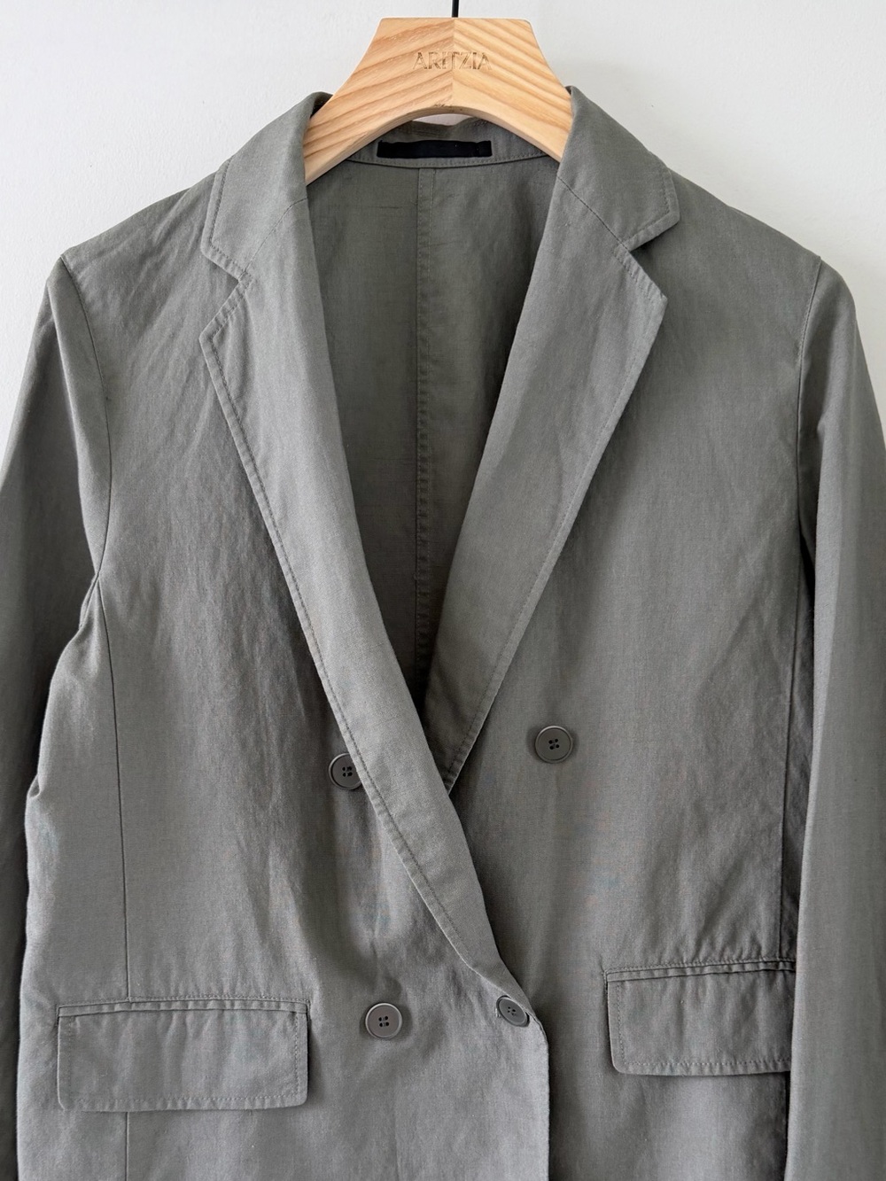 Uniqlo Linen Blend Double Breasted Blazer Olive Gray Office XS Minimalist - Picture 3 of 15